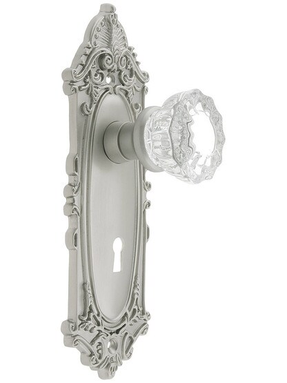 Largo Design Mortise Lock Set With Fluted Crystal Door Knobs in Satin Nickel.